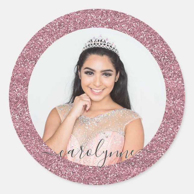 Girly Rose Gold Pink Glitter Name and Photo Classic Round Sticker (Front)