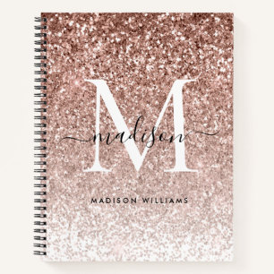 Girly Rose Gold Pink Glitter Sparkle Chic Monogram Notebook