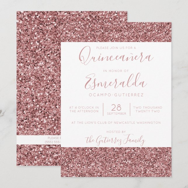Girly Rose Gold Pink Glitter Sparkle Quinceanera Invitation (Front/Back)