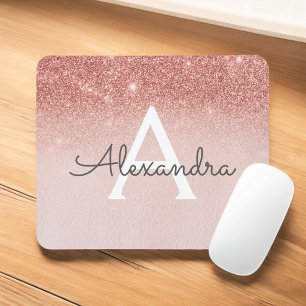 Girly Rose Gold - Pink Sparkle Glitter Monogram Mouse Mat