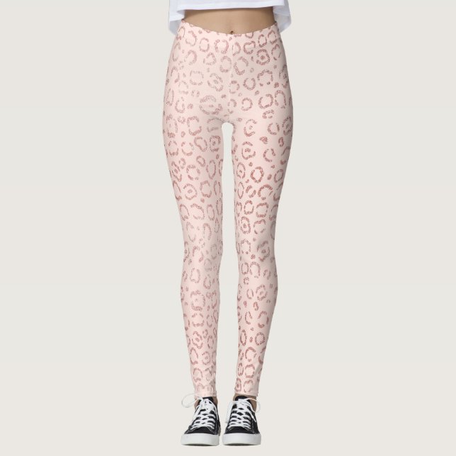 Girly Rose Gold Pink Trendy Leopard Cheetah Print  Leggings (Front)