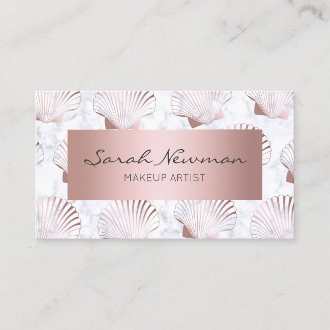 Girly rose gold seashell pattern & white marble business card (Front)