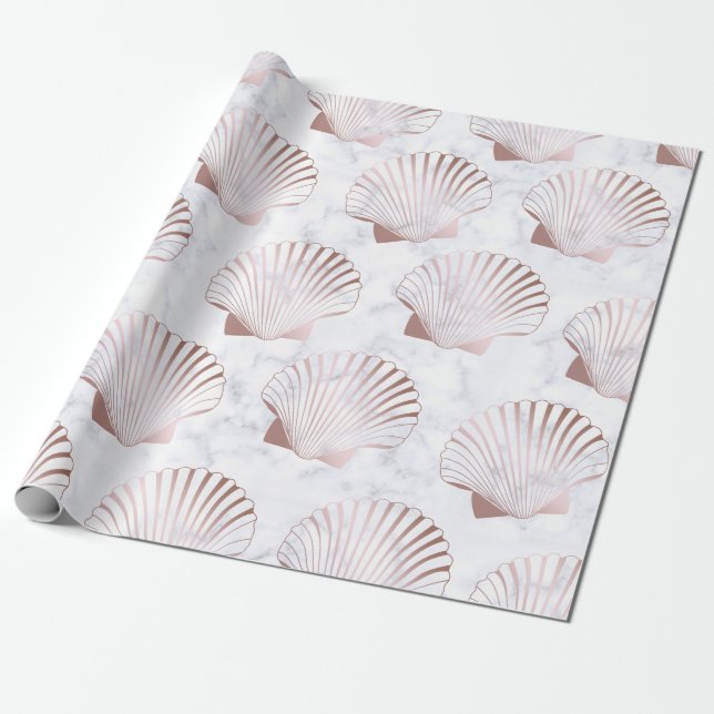Girly rose gold seashell pattern & white marble wrapping paper (Unrolled)