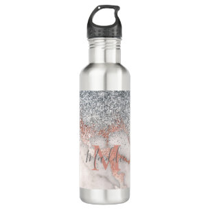 Girly Rose Gold Silver Marble Monogrammed Name 710 Ml Water Bottle