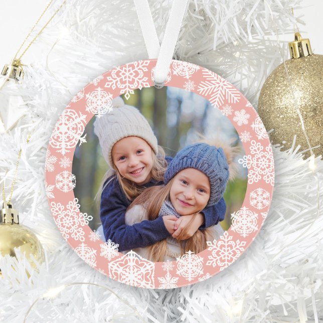 Girly Rose Gold Snowflake Merry and Bright Photo Ornament (Creator Uploaded)
