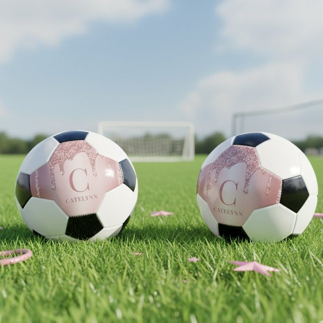 Girly Rose Gold Sparkle Dripping Glitter Monogram Football (Girly Rose Gold Sparkle Dripping Glitter Monogram Soccer Ball)