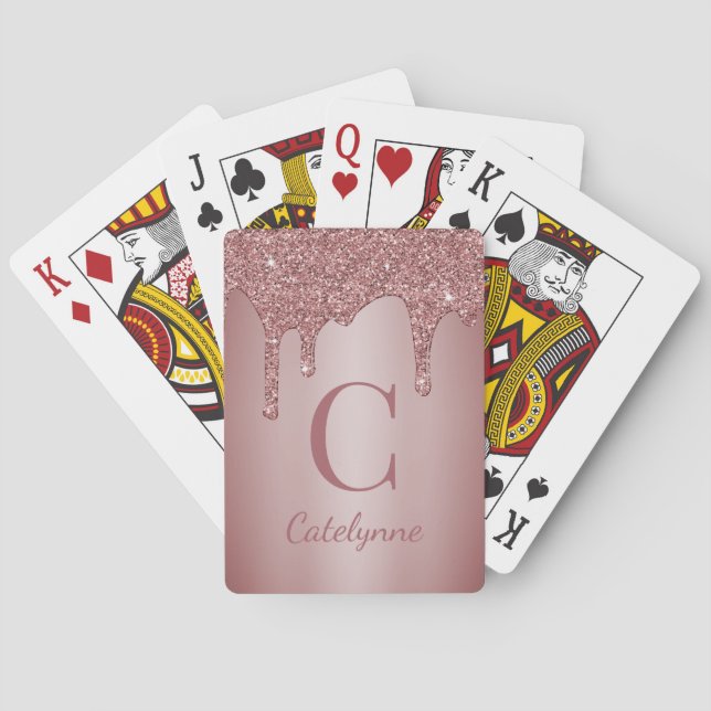 Girly Rose Gold Sparkle Dripping Glitter Monogram Playing Cards (Back)