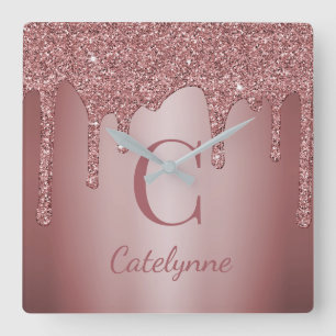 Girly Rose Gold Sparkle Dripping Glitter Monogram Square Wall Clock
