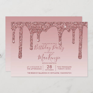 Girly Rose Gold Sparkle Glitter Drips Birthday Invitation