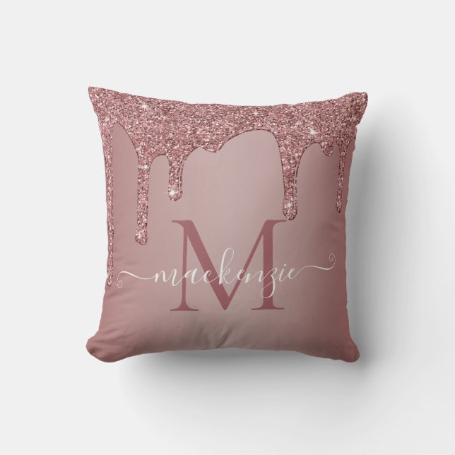 Girly Rose Gold Sparkle Glitter Drips Monogram Cushion (Front)