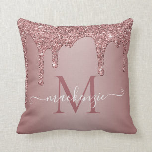 Girly Rose Gold Sparkle Glitter Drips Monogram Cushion