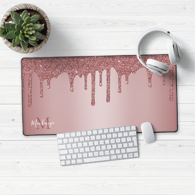 Girly Rose Gold Sparkle Glitter Drips Monogram Desk Mat (Rose Gold Glitter Drips Desk Mat Mouse Pad)