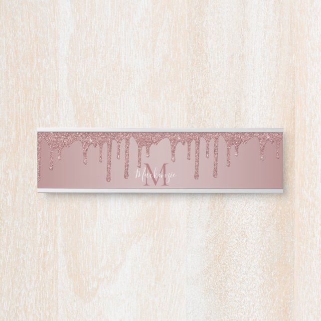 Girly Rose Gold Sparkle Glitter Drips Monogram Door Sign (Front)