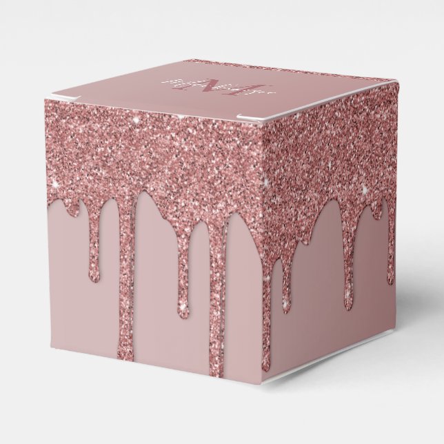 Girly Rose Gold Sparkle Glitter Drips Monogram Favour Box (Front Side)