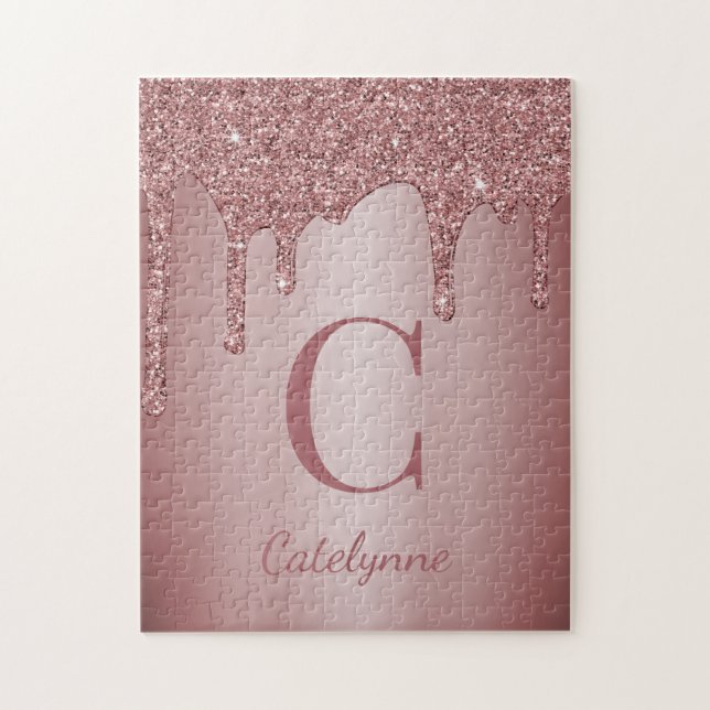 Girly Rose Gold Sparkle Glitter Drips Monogram Jigsaw Puzzle (Vertical)