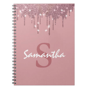 Girly Rose Gold Sparkle Glitter Drips Monogram  Notebook