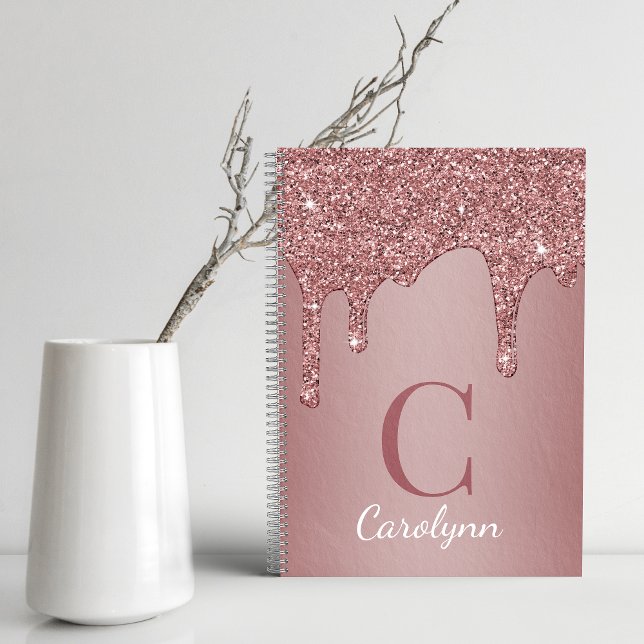 Girly Rose Gold Sparkle Glitter Drips Monogram Notebook (Creator Uploaded)