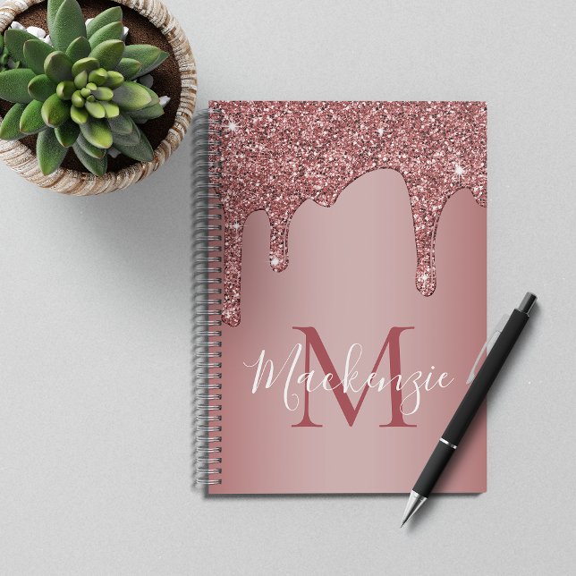 Girly Rose Gold Sparkle Glitter Drips Monogram Notebook (Creator Uploaded)