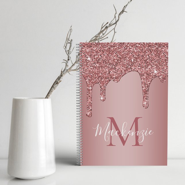 Girly Rose Gold Sparkle Glitter Drips Monogram Notebook (Sparkle Drips Rose Gold Monogram Notebook)