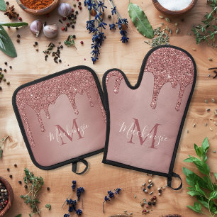 Girly Rose Gold Sparkle Glitter Drips Monogram Oven Mitt & Pot Holder Set