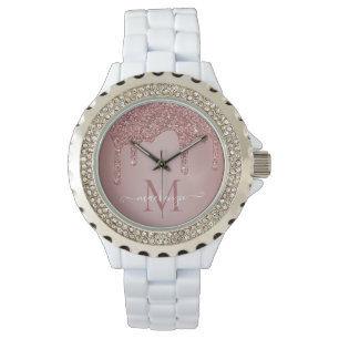 Girly Rose Gold Sparkle Glitter Drips Monogram Watch