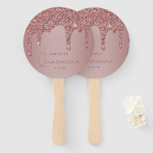 Girly Rose Gold Sparkle Glitter Drips Quinceanera Hand Fan