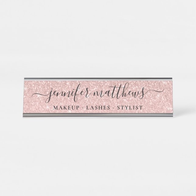 Girly Rose Gold Sparkle Glitter Makeup Desk Name Plate (Front)