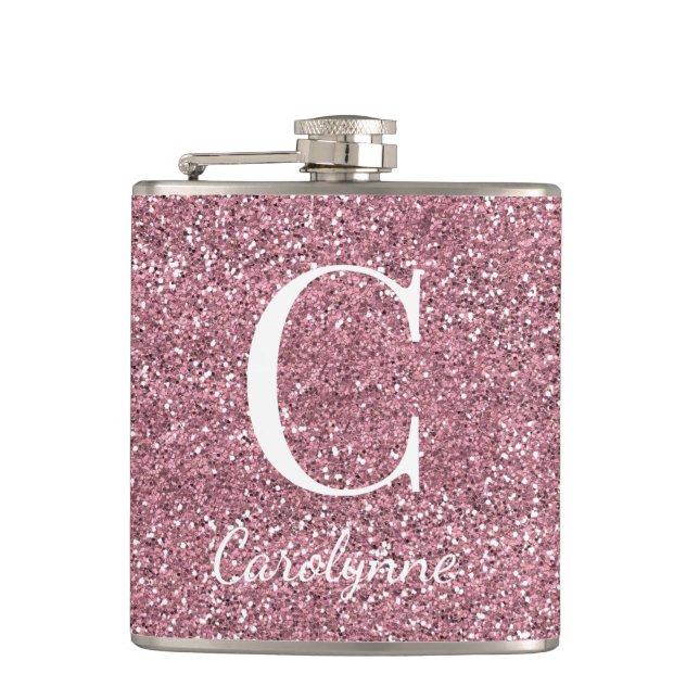 Girly Rose Gold Sparkle Glitter Monogram Hip Flask (Front)