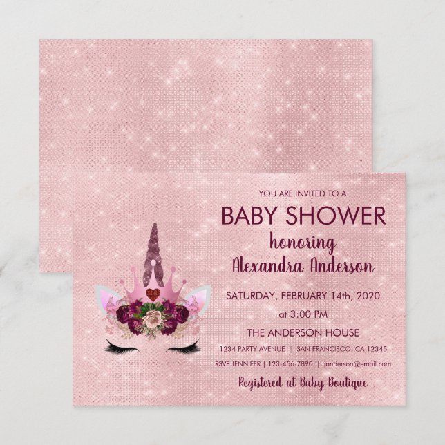 Girly Rose Gold Sparkle Unicorn Baby Shower Invitation (Front/Back)