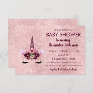Girly Rose Gold Sparkle Unicorn Baby Shower Invitation