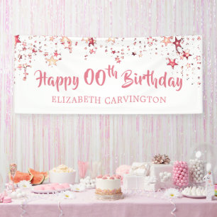 Girly Rose Gold Stars Happy Birthday Name Banner
