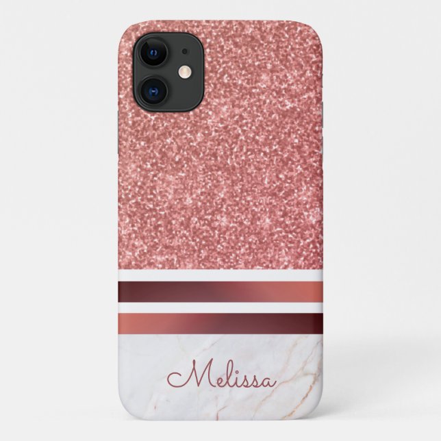 Girly Rose Gold Stripes Faux Glitter with Name Case-Mate iPhone Case (Back)
