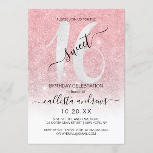 Girly Rose Gold White Glitter Ombre Sweet 16 Invitation