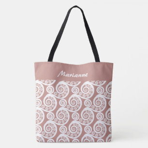 Girly Rose-Pink Abstract Fern Leaves Name Tote Bag