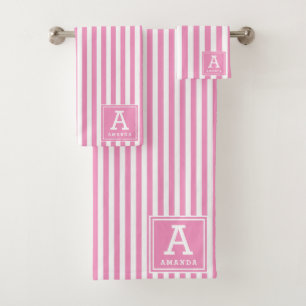 Girly Rose Pink Cabana Stripe Monogram Initial Bath Towel Set