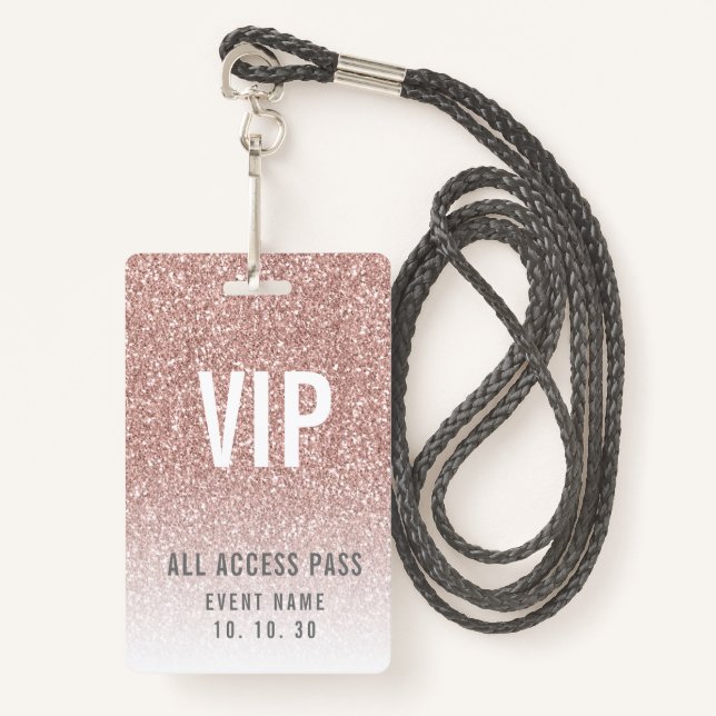 Girly Rose Pink Glitter Female VIP Access Event ID Badge (Front with Lanyard)