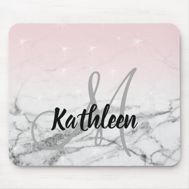 Girly Rose Pink Grey Marble Monogram Name Mouse Mat (Front)