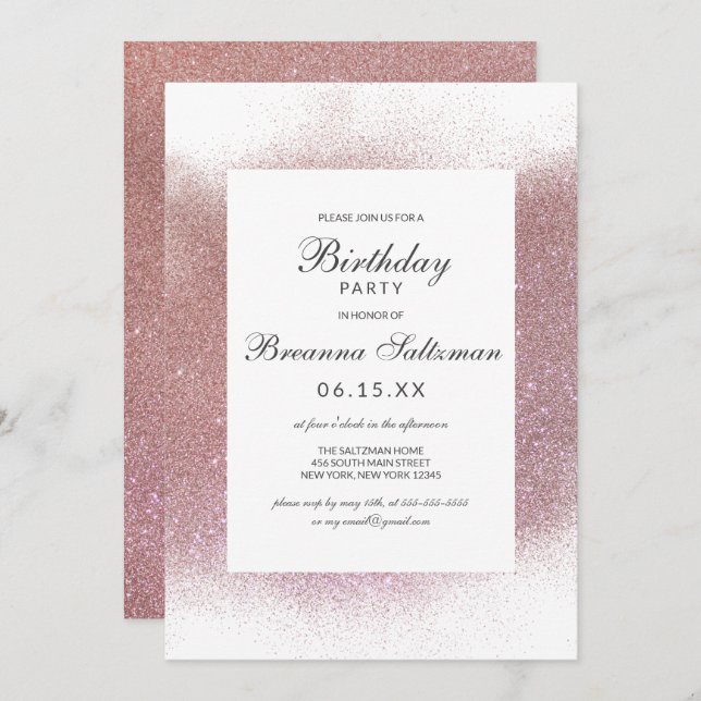 Girly Rose Pink White Glitter Dust Border Birthday Invitation (Front/Back)