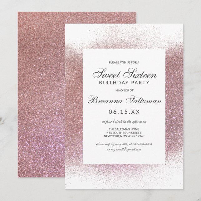 Girly Rose Pink White Glitter Dust Border Sweet 16 Invitation (Front/Back)