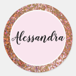 Girly Rose Purple Glitter Name Classic Round Sticker