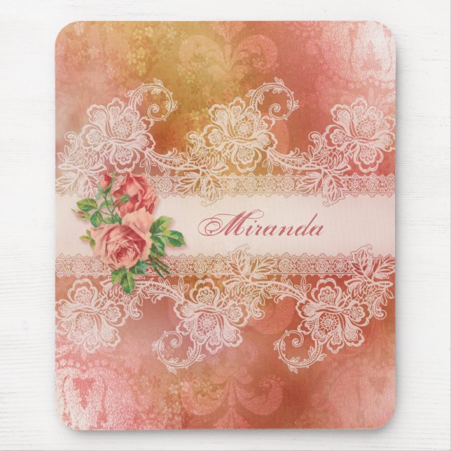 Girly Roses and Lace Personalised Mousepad (Front)