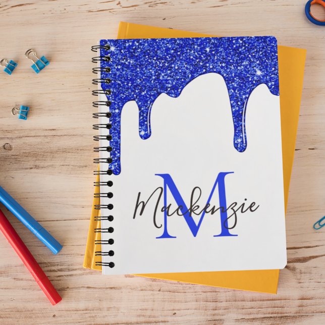 Girly Royal Blue Sparkle Glitter Drips Monogram Notebook (Creator Uploaded)