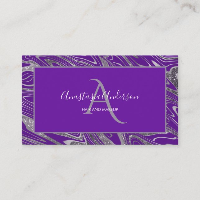 Girly Royal Purple Silver Marble Glitter Monogram Business Card (Front)