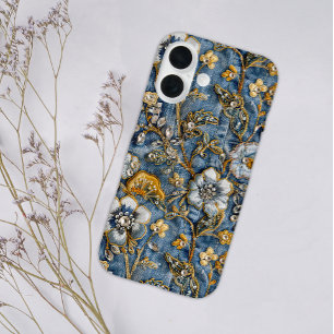 Girly Rustic White Floral Embroidered Blue Denim  iPhone 16 Case