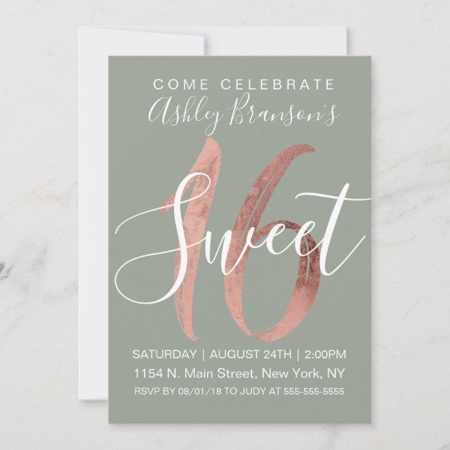 Girly Sage Green Rose Gold Foil Sweet 16 Invitation (Front)