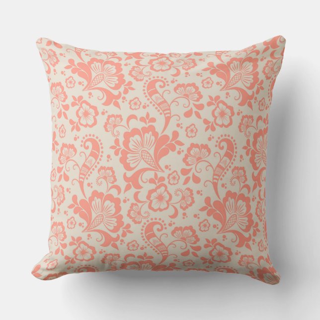 Girly Salmon Floral Pattern Throw Pillow (Front)