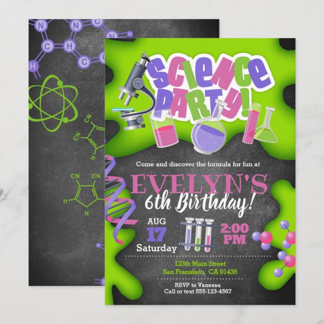 Girly Science Birthday Invitation for Girls (Front/Back)