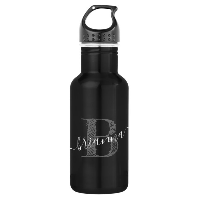 Girly Script Artsy Sketched Monogram Name Black 532 Ml Water Bottle (Front)