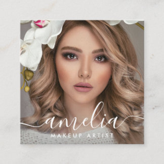 Girly Script QR Code Photo  Square Business Card