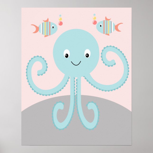 Girly Sea Ocean Life Pink Octopus Art Poster (Front)